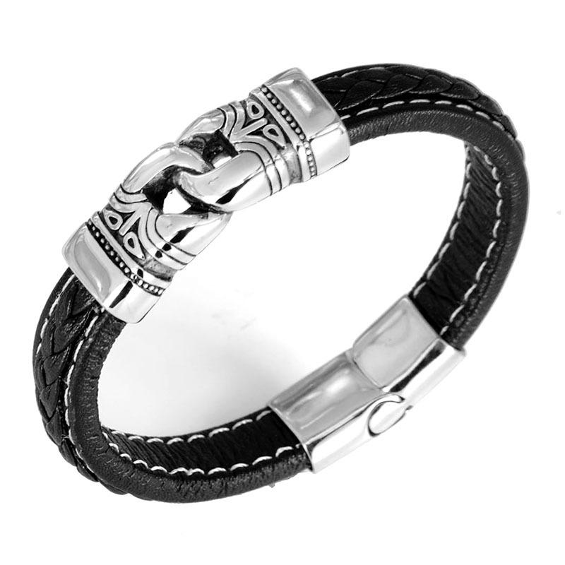 Men s Titanium Steel Black Leather Rope Woven Bracelet Bracelet European and American Simple Style