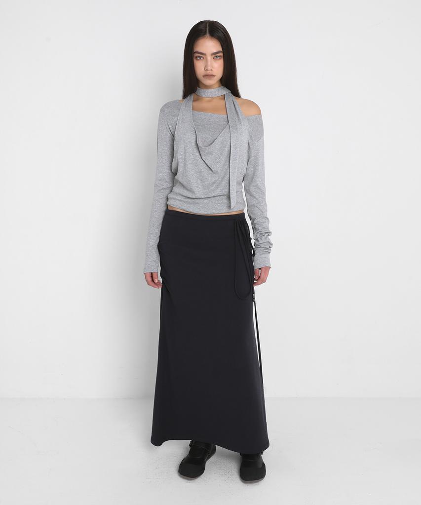 Saendeulig Draped Halter Layered Long Sleeve T-Shirt_Melange Gray