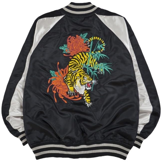 Yoshida Yu Satin Tiger Sukajan Jacket with Japanese Tiger Long Sizes and LL Men's Pattern, Sleeve, Embroidered, M, L,