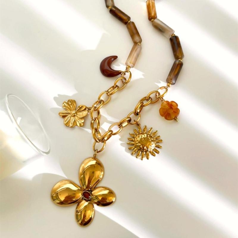 Fashionable Resin Beaded Necklace With Floral Sun Pendant Stainless Steel Neck Chain Retro Jewelry For Her