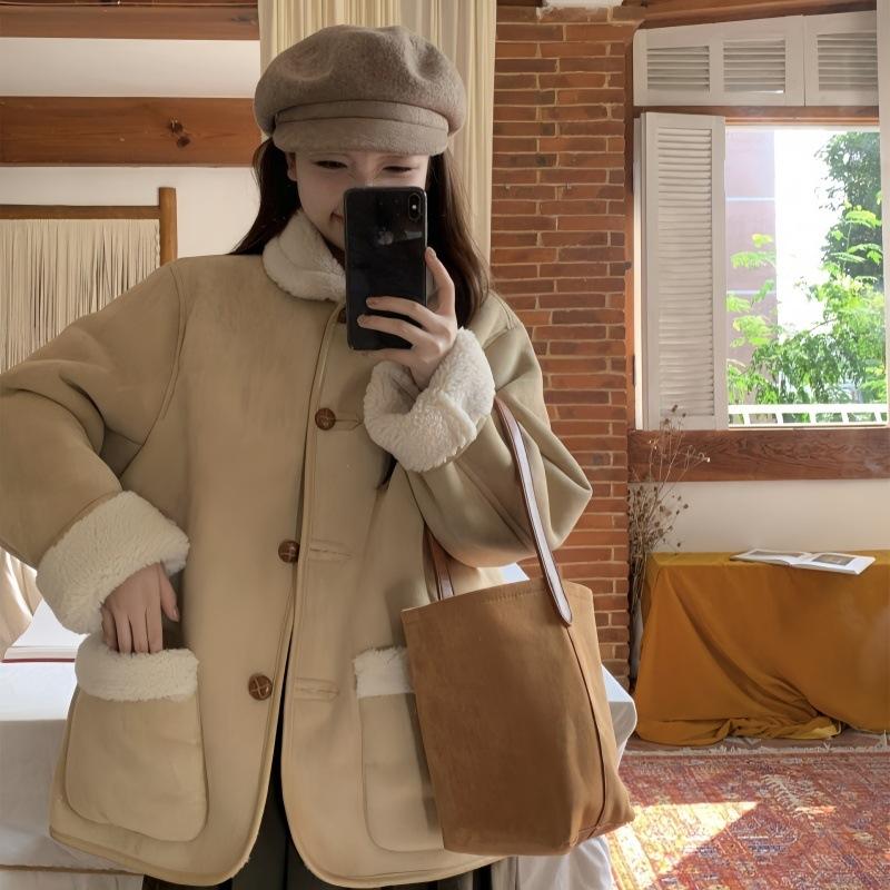 Winter Deer Skin Velvet Lamb Wool Coat Women's Lapel Cotton Coat