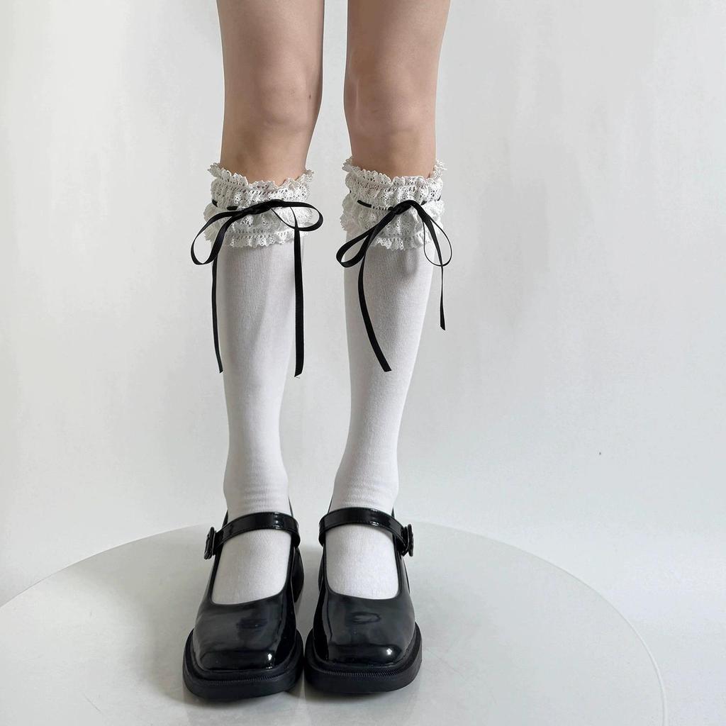 Reine Baumwolle Lolita Breite Spitze Schleife Socken - Frühling Wadenlang Süßer Wunsch Stil