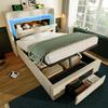 Gestoffeerd Bed 90x200 cm met Hydraulische Opbergruimte en Hoofdbord, LED-verlichting en USB & USB-C Poort, Houten Lattenbodem, Beige, Linnen, Zonder Matras