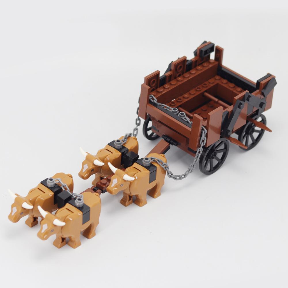 Building Block Ox Cart Medieval Chariot Assembly Small Particle Ancient Farmer And Animal Husbandry Scene Model Ornament