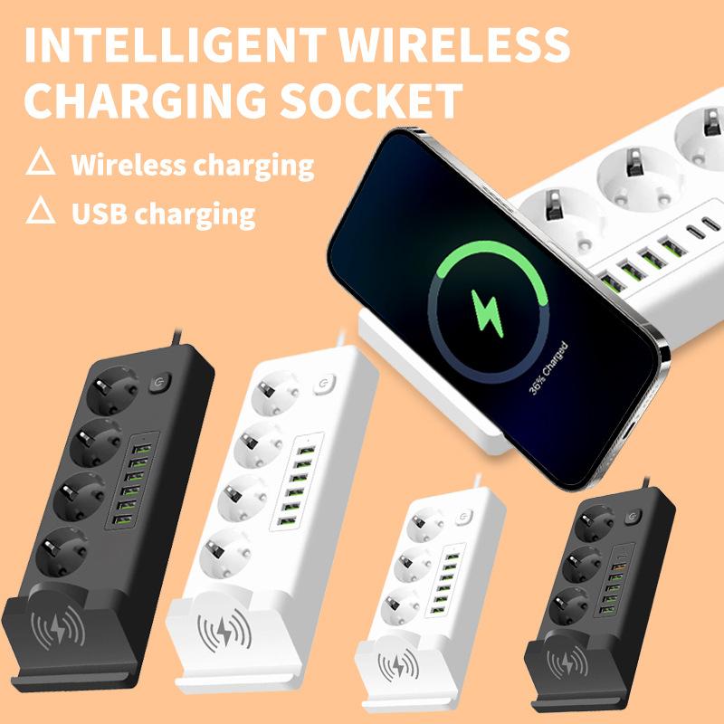 European Standard Mobile Phone Wireless Charging Strip Plug with Cable USB Socket Russian Plug Board PD Multi Socket