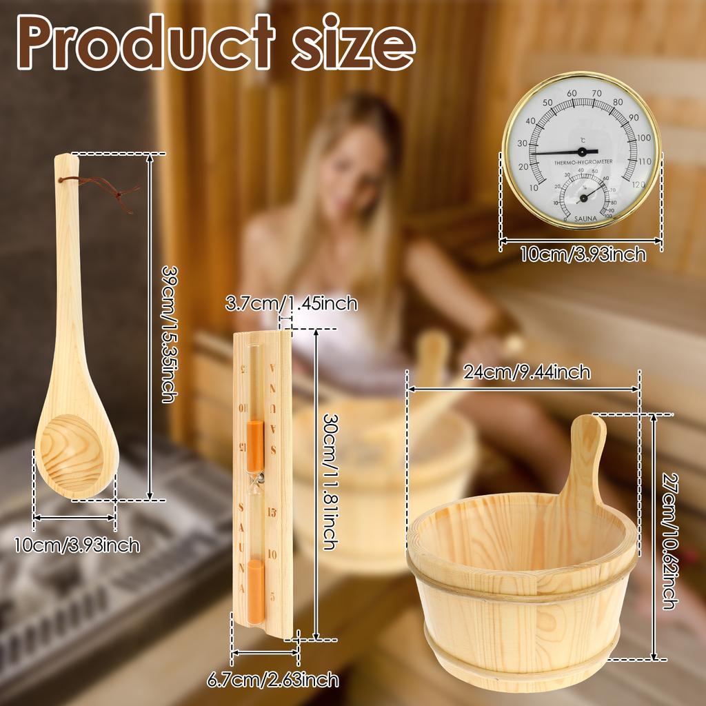 4-delige Set Sauna Accessoires Houten Sauna Emmer Sauna Lepel met Handvat Ontwerp 2-in-1 Sauna Thermometer&Hygrometer Zandloper Timer