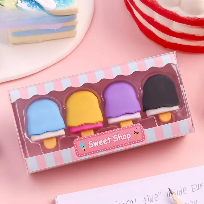 4pcs Yummy Icecream Erasers Set Mini Lollipop Dessert Popsicle Donuts Rubber Pencil Eraser for Kids Gift School Student Award