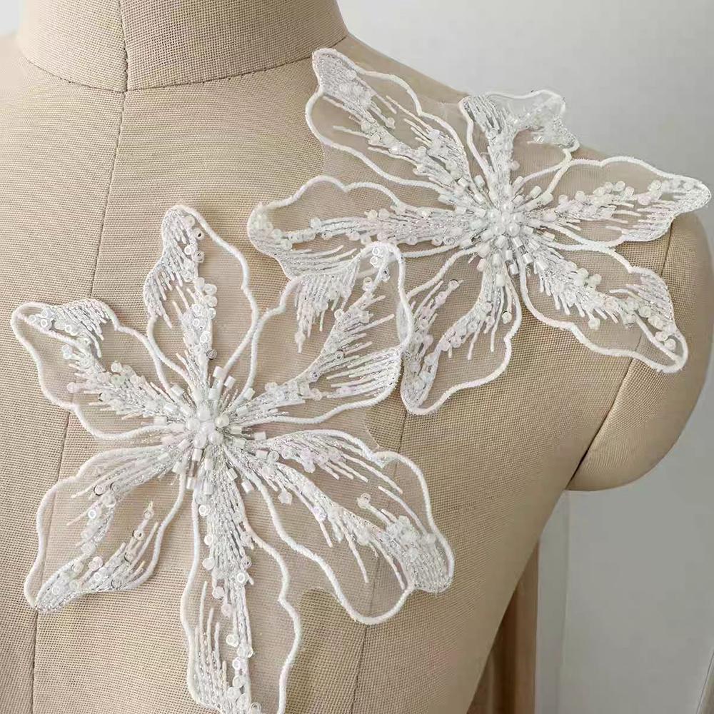 

2 шт. Кружевные нашивки с бисерными цветами, свадебное украшение, органза, головной цветок невесты, нашивки-аппликации, украшение для одежды