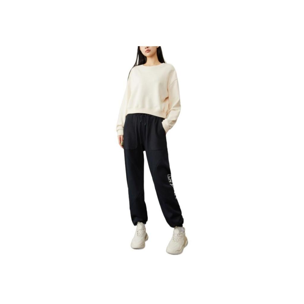 Anta Solid Color Elastic Waistband Logo Embroidered Cuffed Fleece Sports Pants Women Pants Black 162247307-2