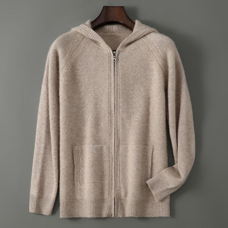 Herren Kapuzen-Reißverschluss-Strickjacke aus reiner Wolle - Dicker Strickpullover-Mantel für Freizeit oder Business