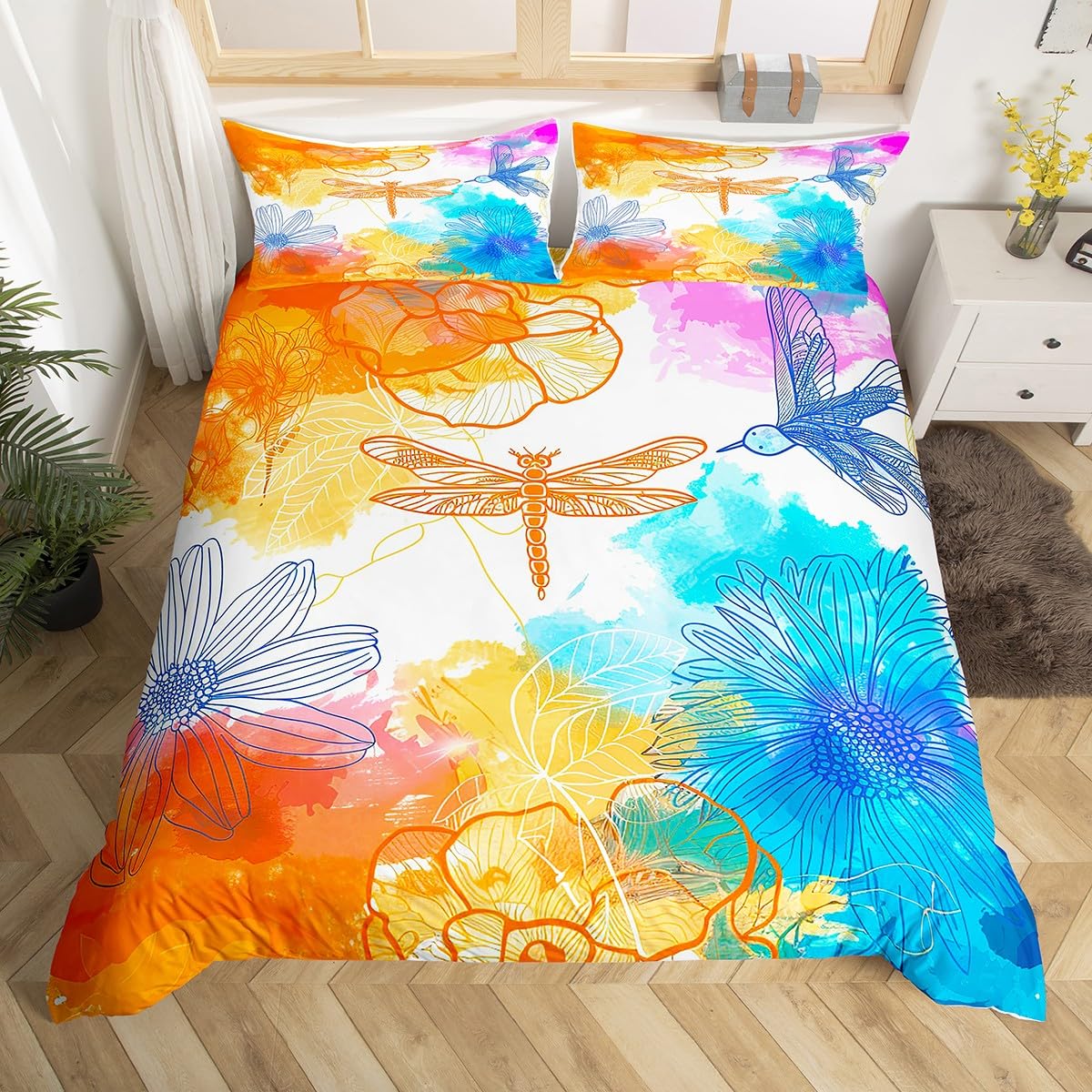 Dragonfly Duvet Cover Queen King Size Dandelion Quilt Cover Night Blue Starry Sky Duvet Cover Kids Bedding Set Room Decoration EU Single(135*200cm)3pcs