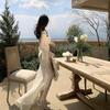 Sexy Hollow Pleated Mesh Slim Fit Semi-transparent Blouse Long Dress Fairy Island Vacation Dress
