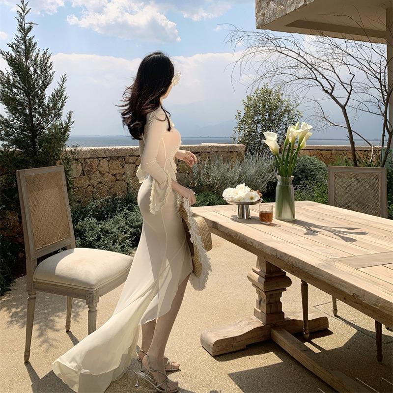 Sexy Hollow Pleated Mesh Slim Fit Semi-transparent Blouse Long Dress Fairy Island Vacation Dress