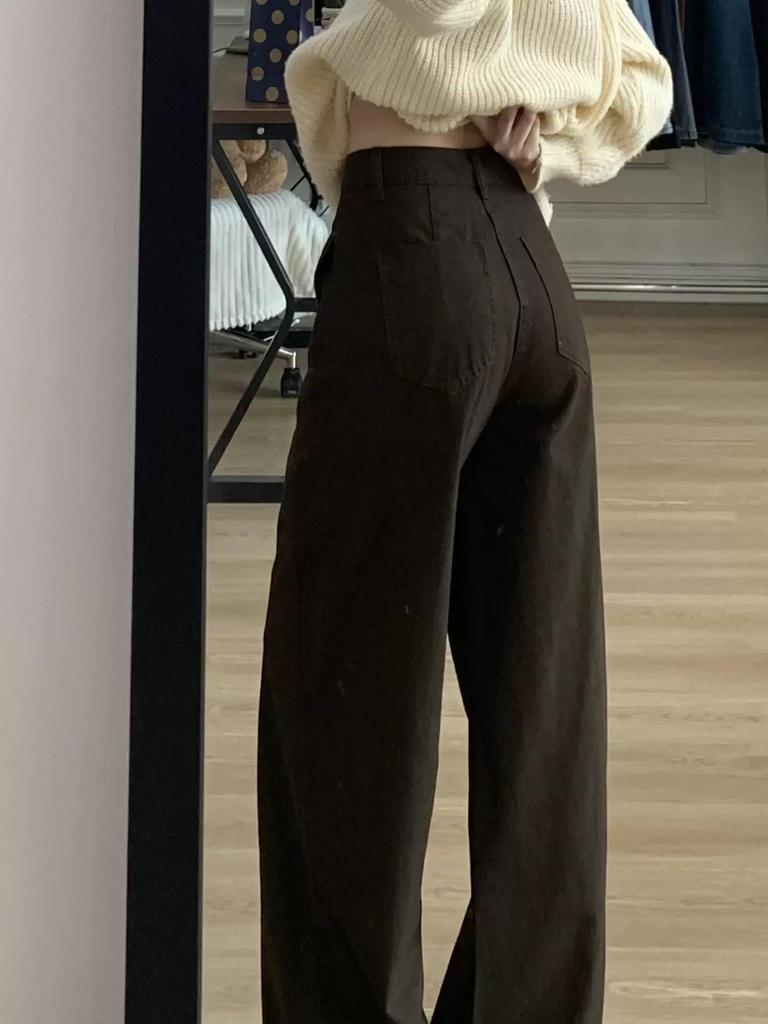 Women's Coffee-Colored Wide-Leg Jeans - High-Waisted, Slimming, American Retro, Autumn/Winter Style, Floor-Length with Good Drape