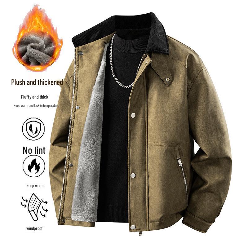 Di Yu Shen Long Men's Trendy Winter Loose Color Block Fleece-Lined Leather Jacket