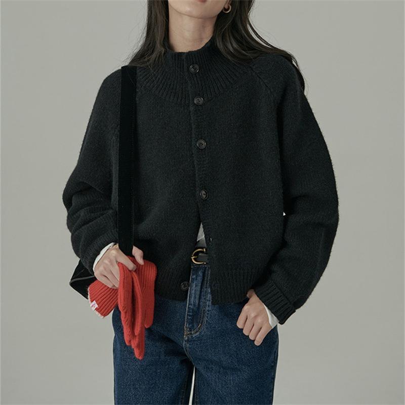 Autumn and Winter New Retro Soft Waxy Knitted Cardigan Top Women's High Neck Loose Lazy Style Solid Color Sweater Jacket