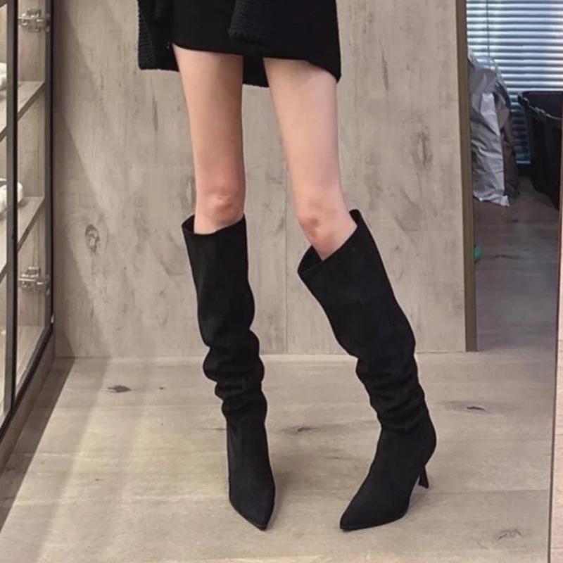 Fashion Non-Knee Thigh Boots Women's Pointed Toe Suede Slip-on Anti-Slip Wear-Resistant Stiletto Heel High Boots