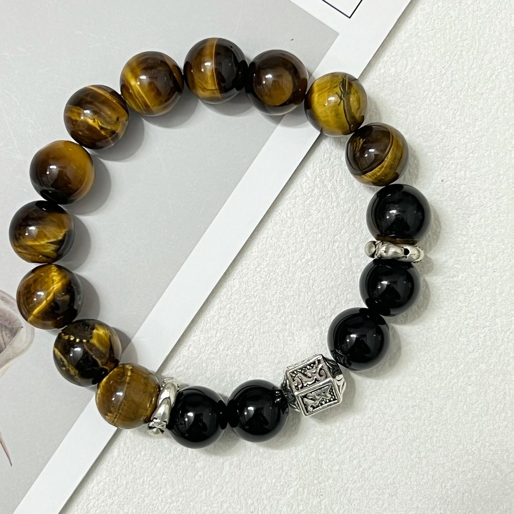 Men’s Beaded Bracelet Tiger Eye Natural Stone 12mm Round Beads Stretch Obsidian Bangle DIY Jewelry Gifts