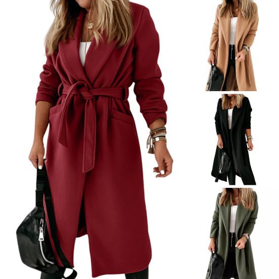 Cappotto invernale da donna in lana con cintura allacciata, ampio, tinta unita, colletto rovesciato, cardigan, maniche lunghe, lunghezza media, giacca da pendolarismo