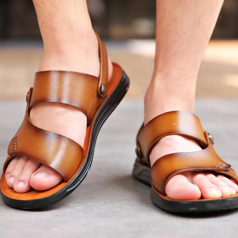 Classic  New Men's Sandals Genuine Leather Sandals for Men Outdoor Beach Slippers Leather Shoes 2024 Sandalias De Hombre