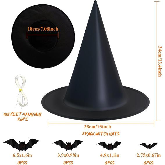 Dokeawo Witch Hats 8 Pack Halloween Witches Hat with 108 Feet Hanging Rope & 32Pcs 3D Bats, Hanging Witch Hats Halloween Decor Witches Costume