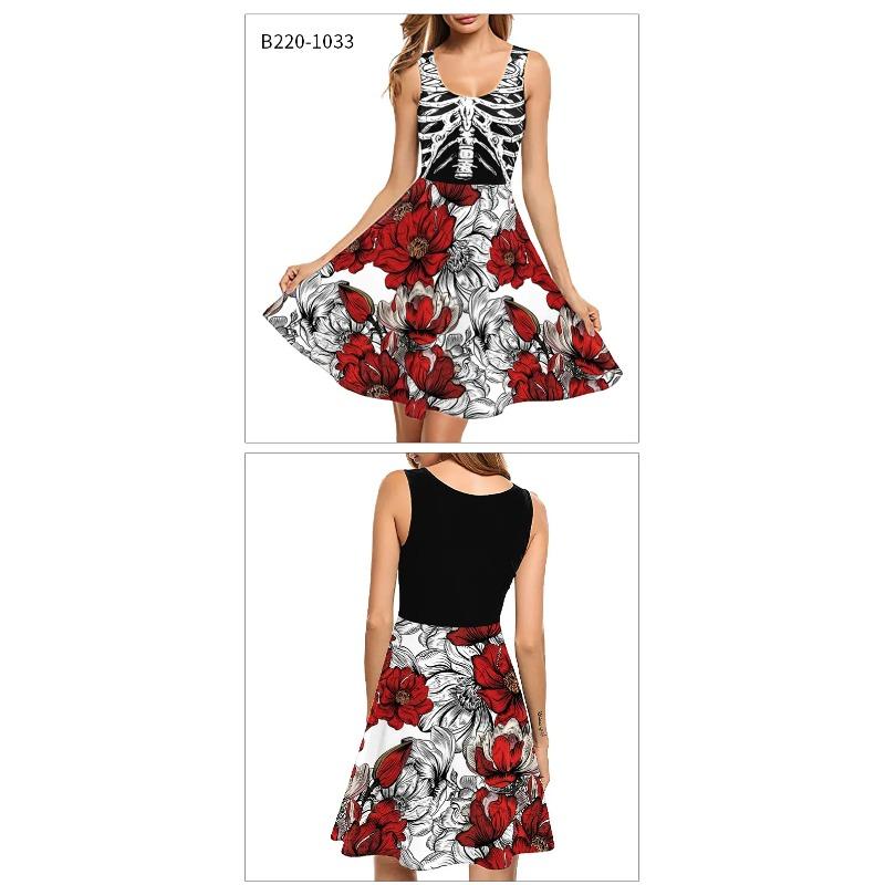 Women Ghost Haunted House Terror Bloodstained Skull Halloween Skinny Dress Adult Digital Printing Sleeveless Tank Party Costume