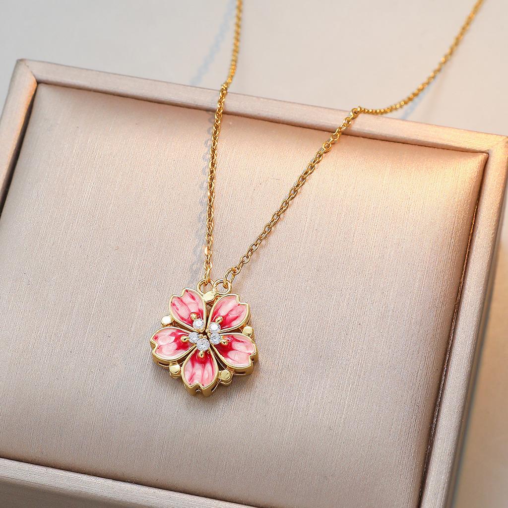 Women's Japanese Korean Folding Fashion Two-Wearing Four-Leaf Flower Heart-to-Heart Clavicle Necklace Zircon Copper Water-Wave
