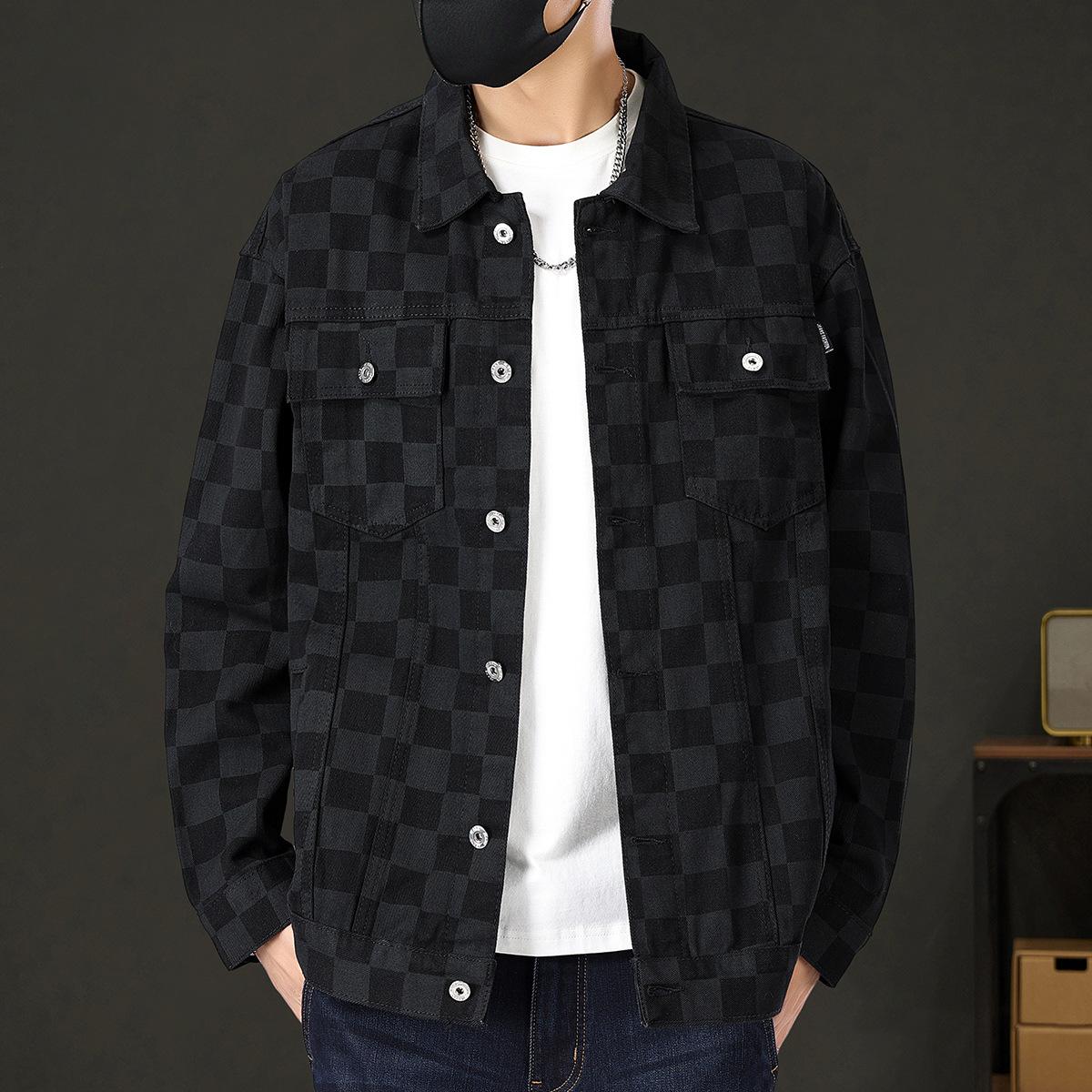 

Осенняя модная куртка свободного покроя в стиле ретро с рисунком в виде шахматной доски большого размера из денима для мужчин M