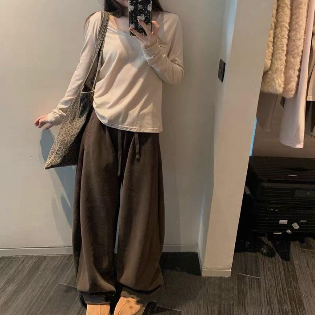 Versatile Thickened Loose-Fit Brushed Casual Pants in Pink Gray Small шоколадный