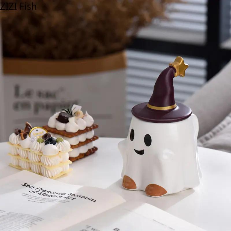 Cute Ghost Water Cup Creative Ceramic Mug with Cover Office Home Afternoon Tea Coffee Cup Drinking Set Halloween Easter Gift