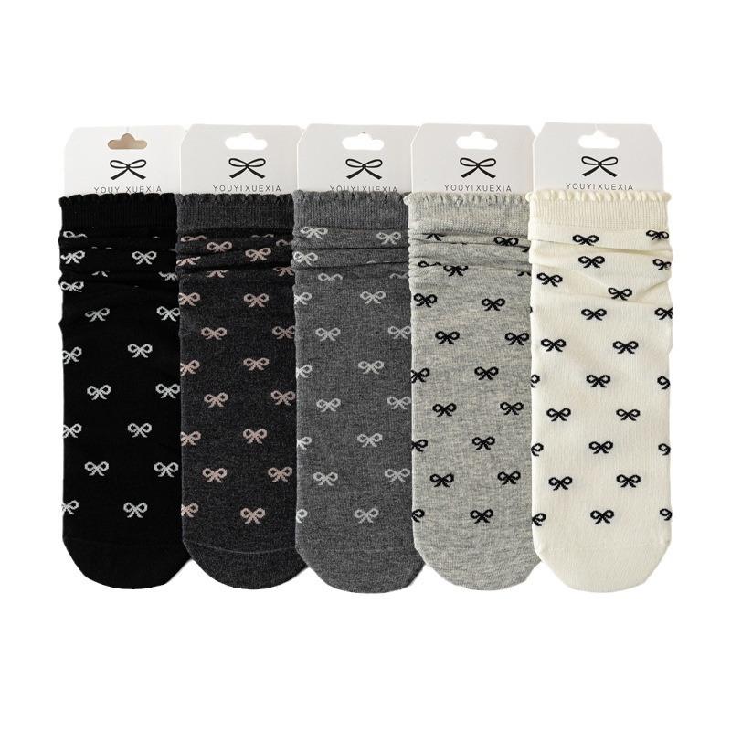 5/10 Pairs Casual Spring Autumn Bone Free Socks for Women with Lace and Bow Mid Calf Socks JK Lolita Sweet and Versatile Cotton Pile Socks