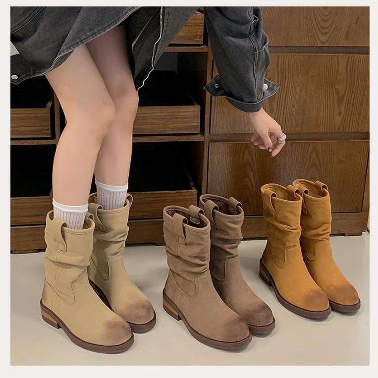 Vintage Maillard pleated short boots women's autumn new western cowboy boots wasteland wind tube stacking boots