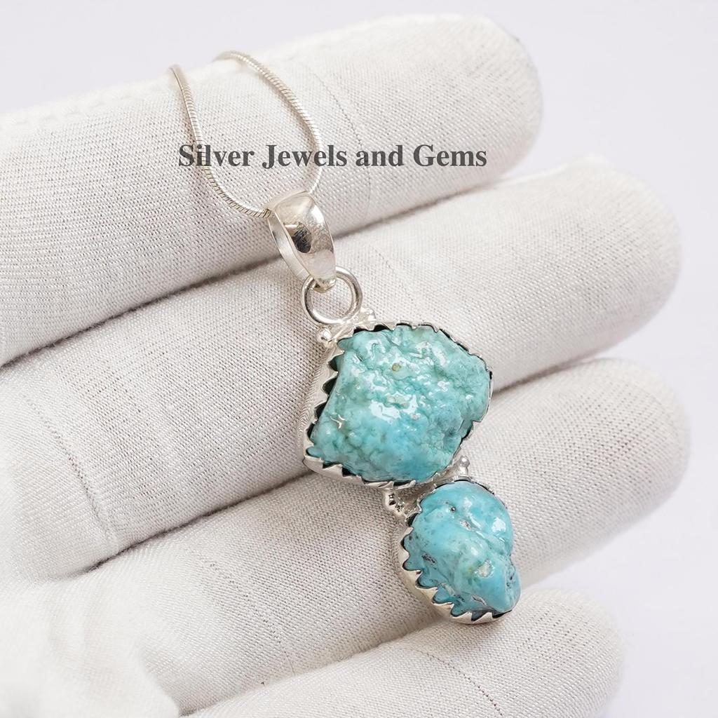 Raw Turquoise Pendant, 925 Sterling Silver Pendant, Gemstone Pendant, Gift for Daughter , Handmade Pendant, 2 Stone Pendant