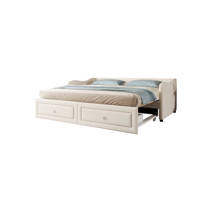 Lit De Jour - MUVOE - 90x200 Cm - Beige - Lit Escamotable - 2 Tiroirs De Rangement