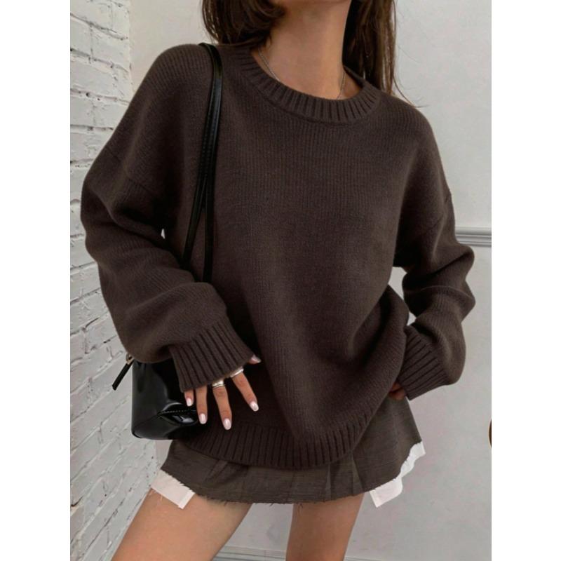 Pull Uni Manches Longues Col Rond Style Décontracté pour Femme