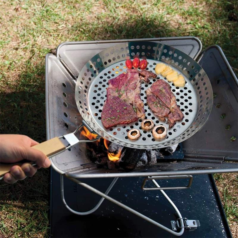 Round Hollowed-out Wooden Handle Barbecue Plate Outdoor Vegetable Barbecue Plate Outdoor Portable BBQ Grill Pan
