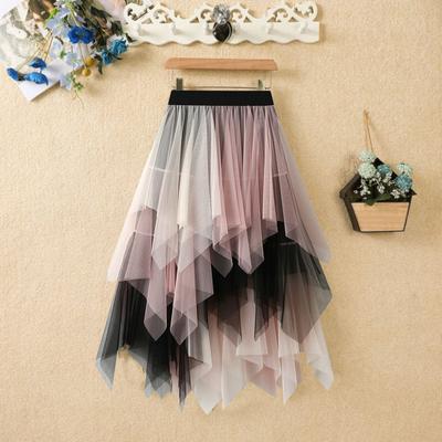 Women Tulle Skirt High Waist Pleated Skirt Asymmetrical Women Skirt Contrast Color Irregular Hem Skirt