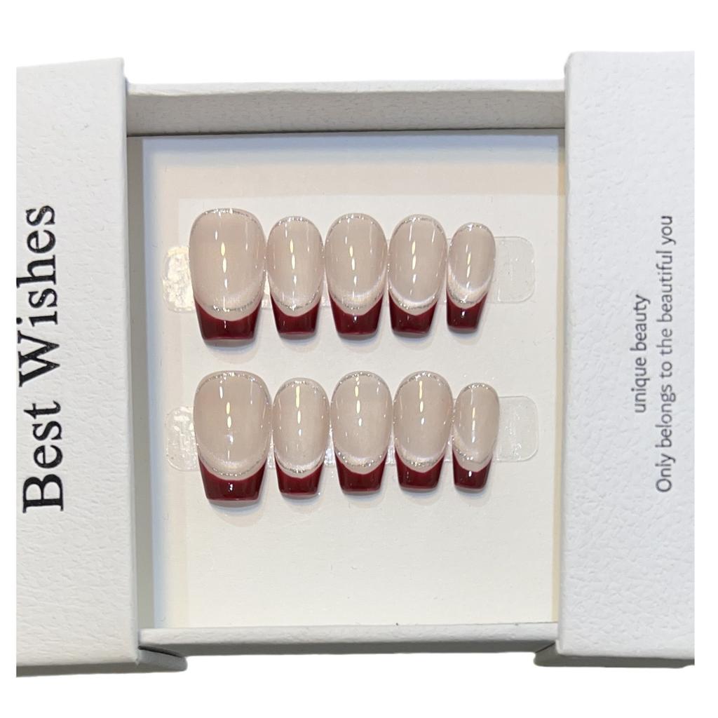 Simple Nude Cat Eye Nail Art Burgundy French Temperament Fake Nail Patch Removable Wearable Nail Patch Short