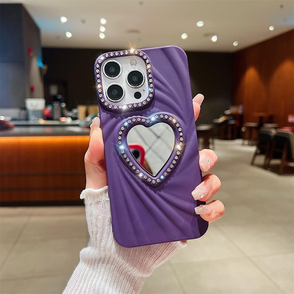 Fashion Women Girls Phone Case For iPhone 16E 16 Pro Max 7 8 X XR XS 11 12 13 14 15 Plus Heart Makeup Mirror Glitter Frame Cover
