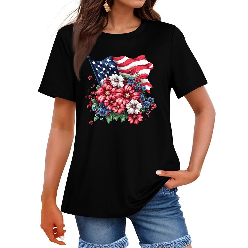 Women's Fashion Independence Day Printed Round Neck Short Sleeved Casual T-shirt Top