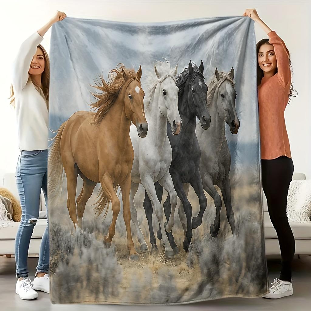 1pc Horse Blanket - Soft Flannel All Season Bedspread Throw - Brown Lightweight & Breathable Machine Washable Horse Lover