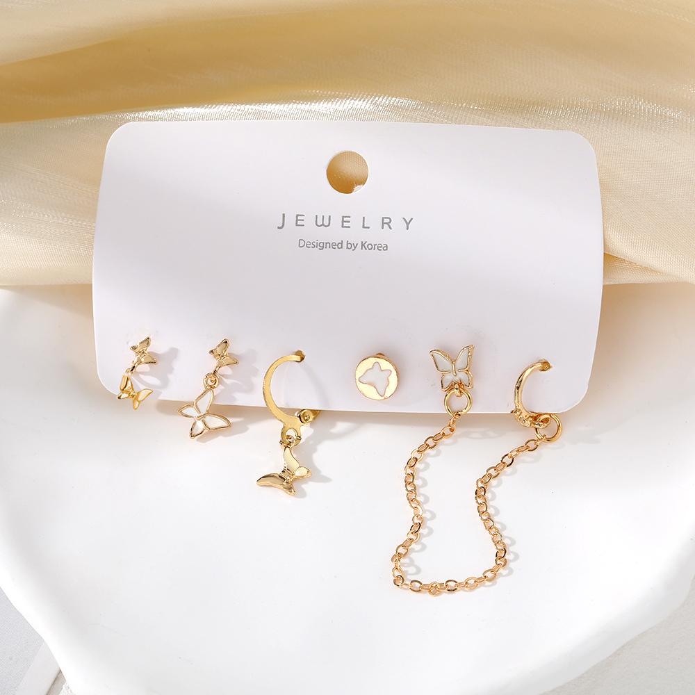Weißgold, elegante Mädchen-Schmetterlings-Ohrringe, Studentin, Quaste, Glamour, sexy Nachtclub-Accessoires, Geschenk, weiße Tropfkette, Schmetterling, kardiert, 5er-Set Gold