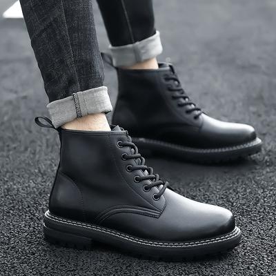 Autumn and Winter Cowhide Martin Boots Men's Korean Version Velvet Black Tooling Boots Thick-soled Lace-up Trendy Boots