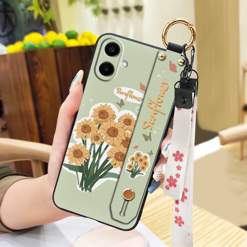 Durable Back Cover Phone Case For Samsung Galaxy A07 Flower Silicone Anti-knock Wrist Strap Shockproof Lanyard Anti-dust