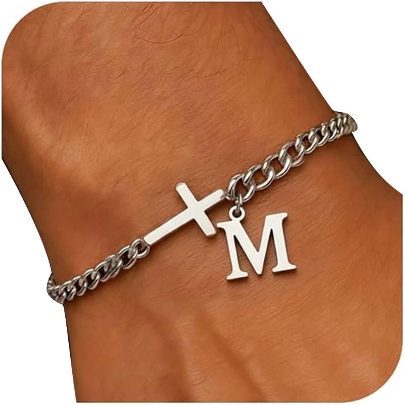 Stylish Faith Inspired Crucifix Letter Charm Bracelet Stainless Steel Initial Charm Handchain For Sensitive Skin