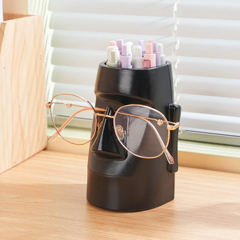Moai Statue 2-In-1 Pen Holder Stationery Storage Glasses Stand Desk Organizer for Home Office Decoration Makeup Brush Storage