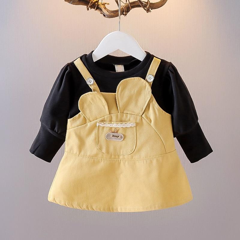 Jaro podzimní kojenecké dívčí šaty ležérní velká kapsa do ucha Falešné dvoudílné podvazkové šaty s potiskem