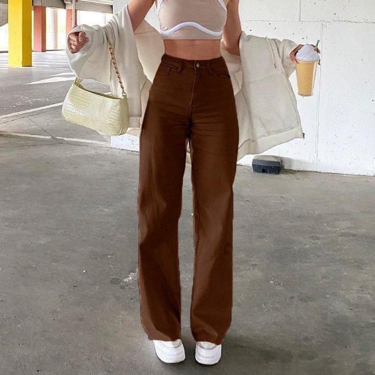 Pantaloni da Donna a Vita Alta Gamba Dritta Casual Larghi con Drappeggio Jeans Sottili Nuovi Pantaloni Monocolore