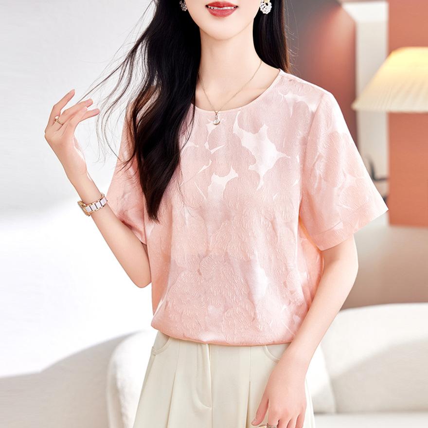 Silk Crown Music Crepe Short-sleeved T-shirt Women's Summer New Round Neck Loose Fashion Jacquard Mulberry Silk Shirt Top
