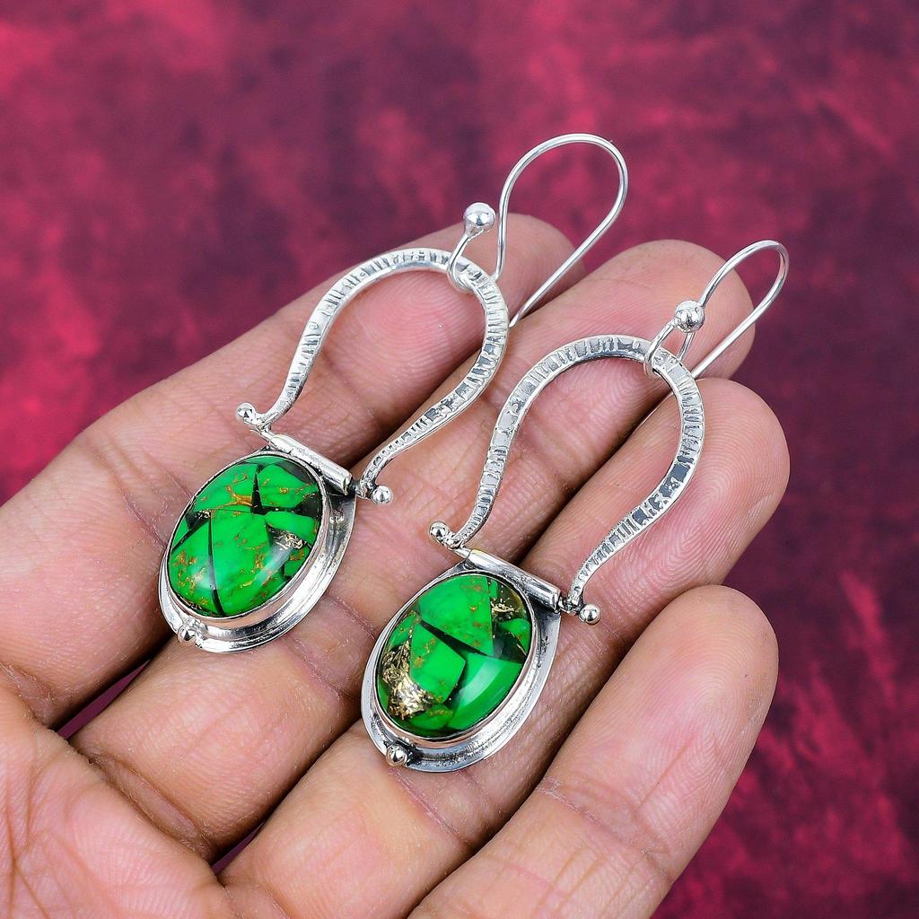 Green Copper Turquoise Earrings Gemstone Jewelry, 925 Solid Sterling Silver Handmade Earrings, Latest Design Jewelry